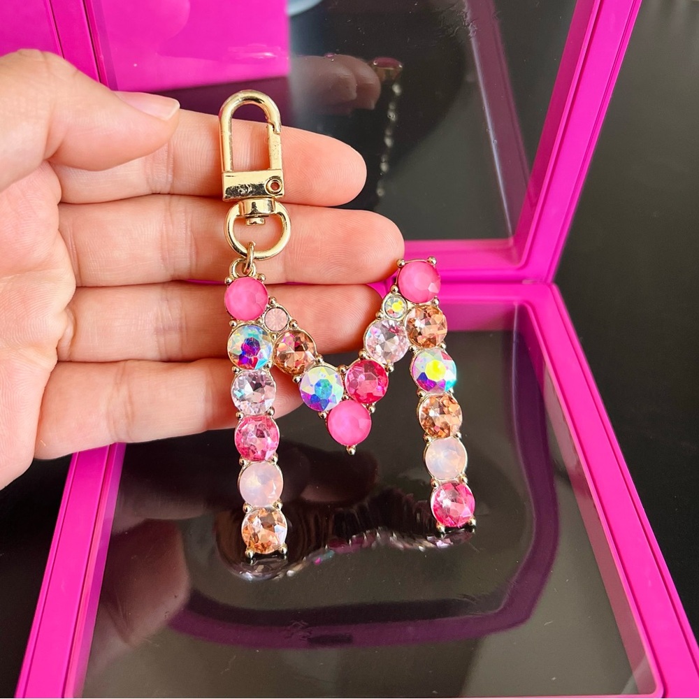 Rhinestone Letter M Keychain Bag Charm Pink Crystal Initial Pendant Gift